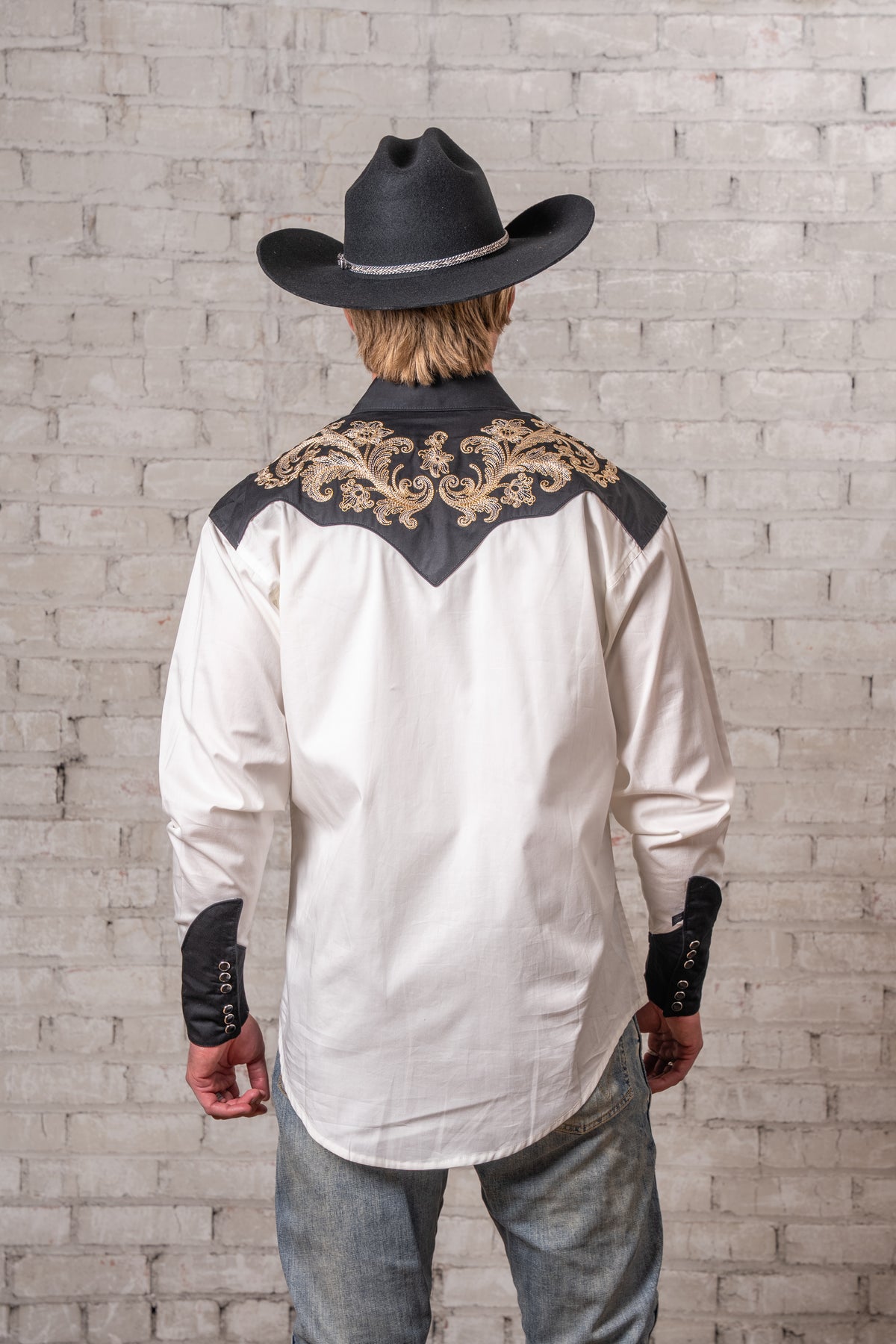 Men's Vintage 2-Tone Khaki and Black Floral Embroidered Western Shirt by Rockmount Ranch Wear with floral embroidery