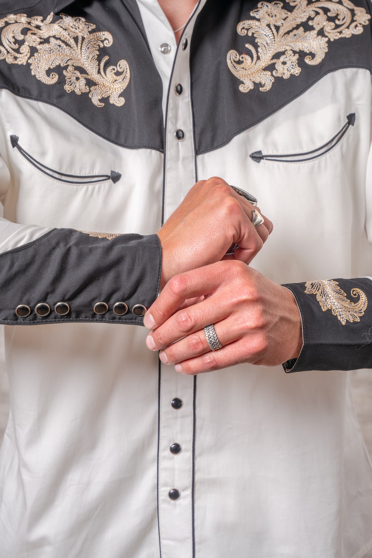 Men's Vintage 2 Tone Khaki and Black Floral Embroidered Western Shirt by Rockmount Ranch Wear with snap closures