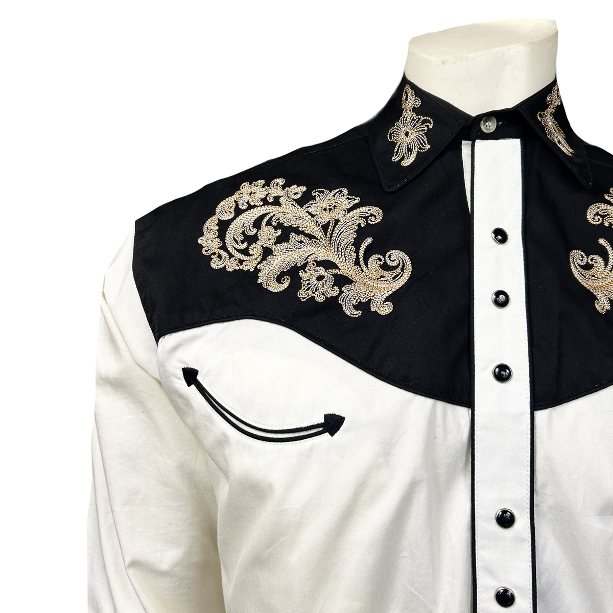Men's Vintage 2-Tone Khaki and Black Floral Embroidered Western Shirt by Rockmount Ranch Wear with floral embroidery