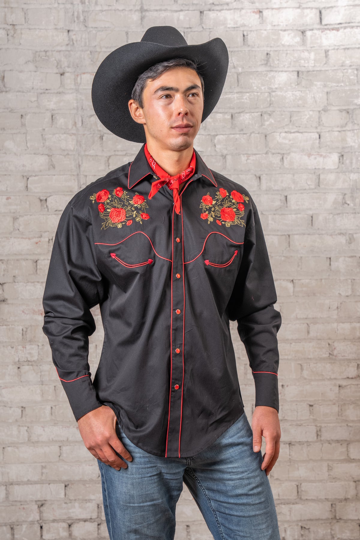 Men's Black Red Roses Steerhead Embroidered Western Shirt by Rockmount Ranch Wear, embroidered floral vintage look