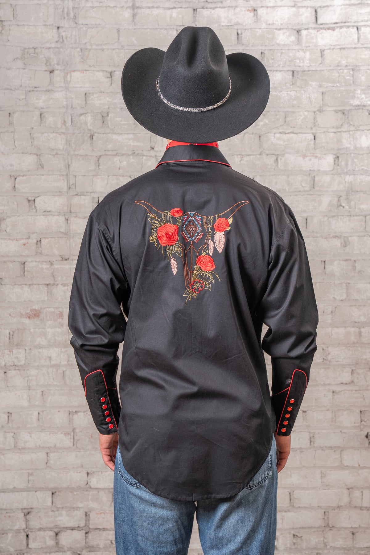 Men's Black Red Roses Steerhead Embroidered Western Shirt by Rockmount Ranch Wear, embroidered floral vintage