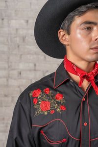 Men's Black Red Roses Steerhead Embroidered Western Shirt by Rockmount Ranch Wear, vintage floral embroidery