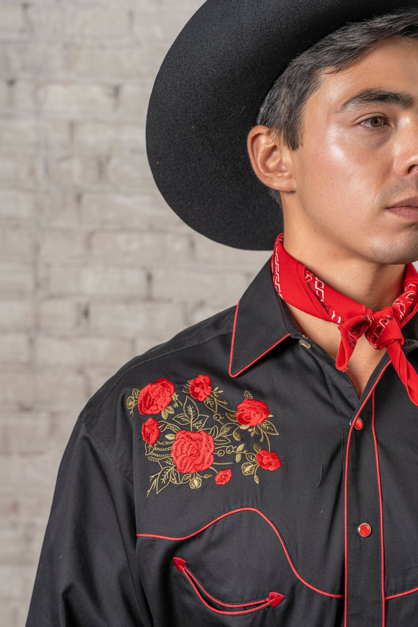 Men's Black Red Roses Steerhead Embroidered Western Shirt by Rockmount Ranch Wear, vintage floral embroidery