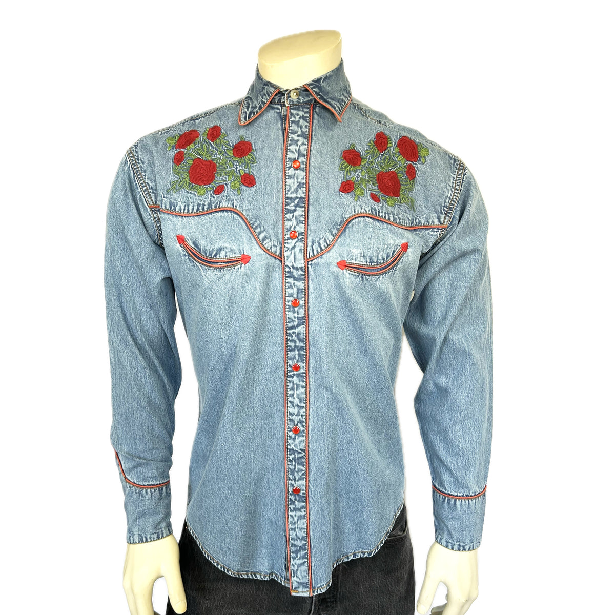 Men's Denim Red Roses Steerhead Embroidered Western Shirt by Rockmount Ranch Wear, vintage floral denim western shirt