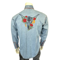 Men's Denim Red Roses Steerhead Embroidered Western Shirt by Rockmount Ranch Wear, vintage denim with floral embroidered details