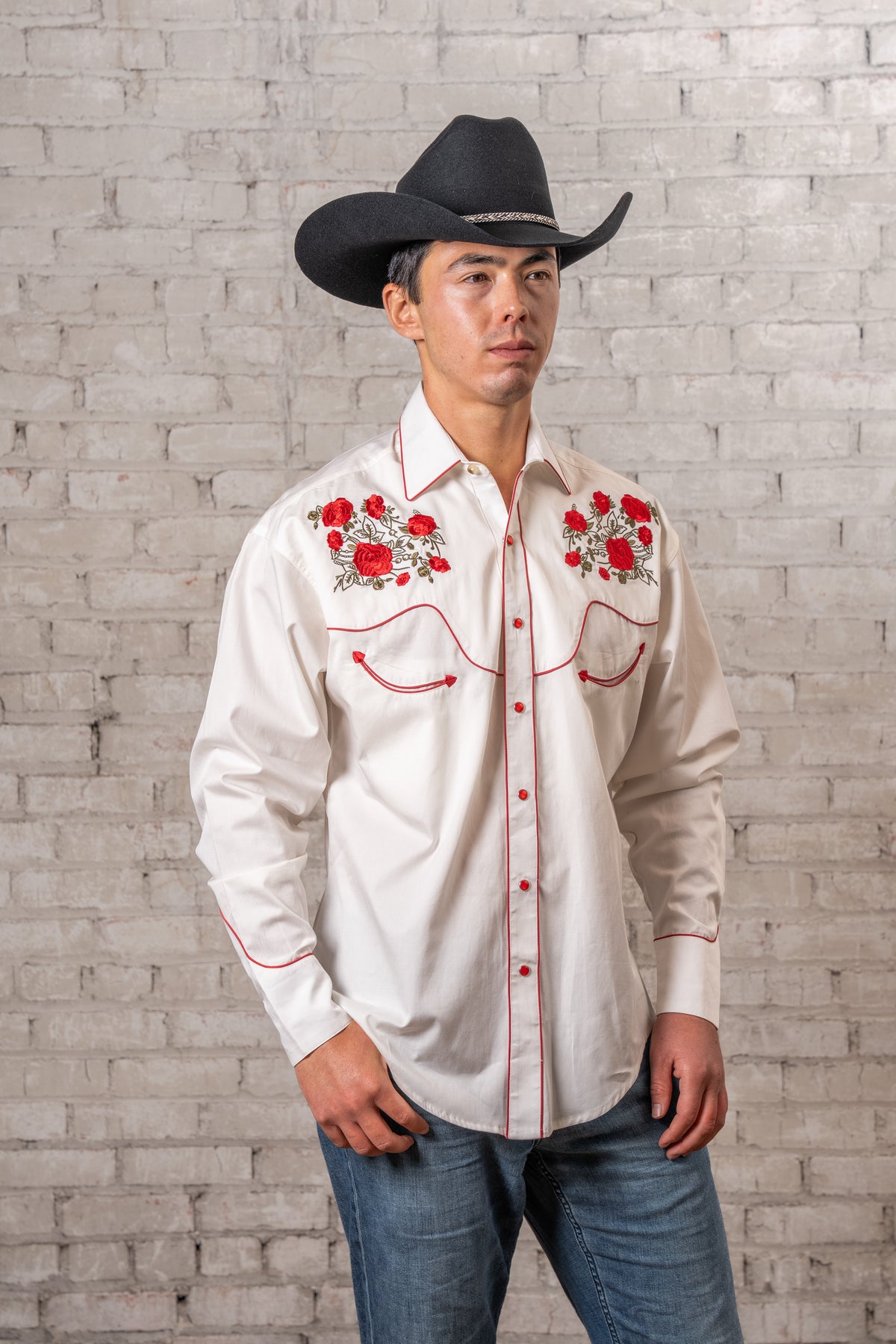 Men's Ivory Red Roses and Steerhead Embroidered Western Shirt by Rockmount Ranch Wear with floral embroidery