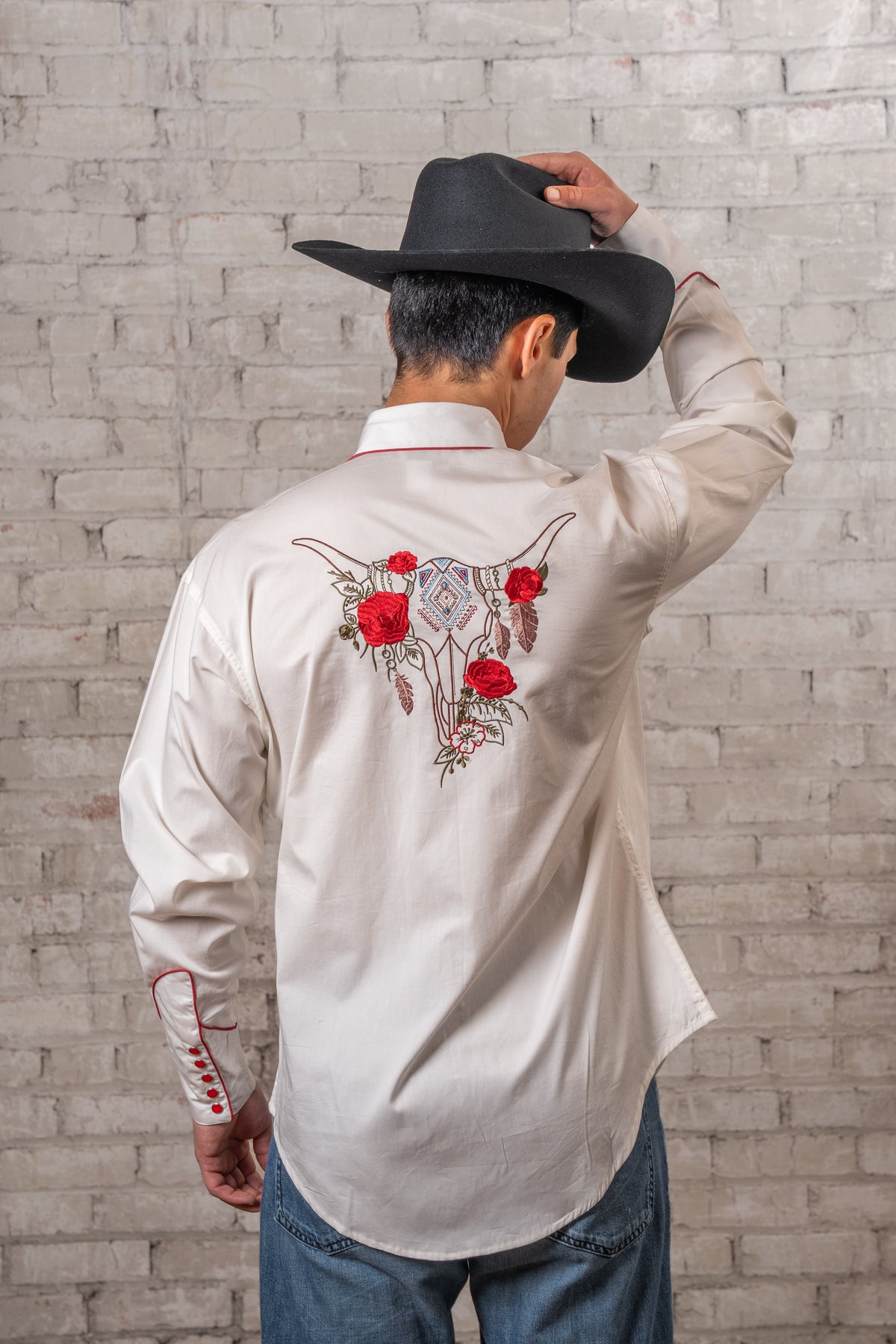 Men's Ivory Red Roses and Steerhead Embroidered Western Shirt by Rockmount Ranch Wear with floral embroidery