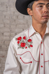 Men's Ivory Red Roses and Steerhead Embroidered Western Shirt by Rockmount Ranch Wear with floral embroidery