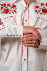 Men's Ivory Red Roses and Steerhead Embroidered Western Shirt by Rockmount Ranch Wear with floral embroidery