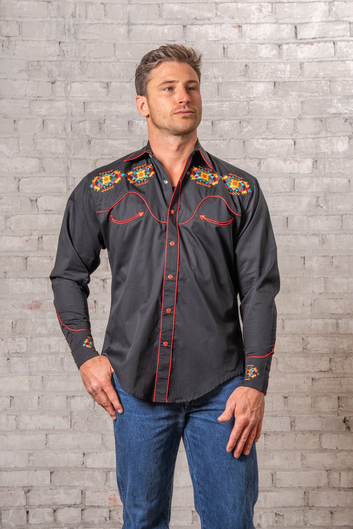 Men's Black Native American Embroidered Western Shirt by Rockmount Ranch Wear with embroidered western shirt details