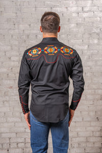 Men's Black Native American Embroidered Western Shirt by Rockmount Ranch Wear, vintage embroidered floral back design