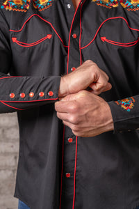 Men's Black Native American Embroidered Western Shirt by Rockmount Ranch Wear with vintage fringe and snap buttons