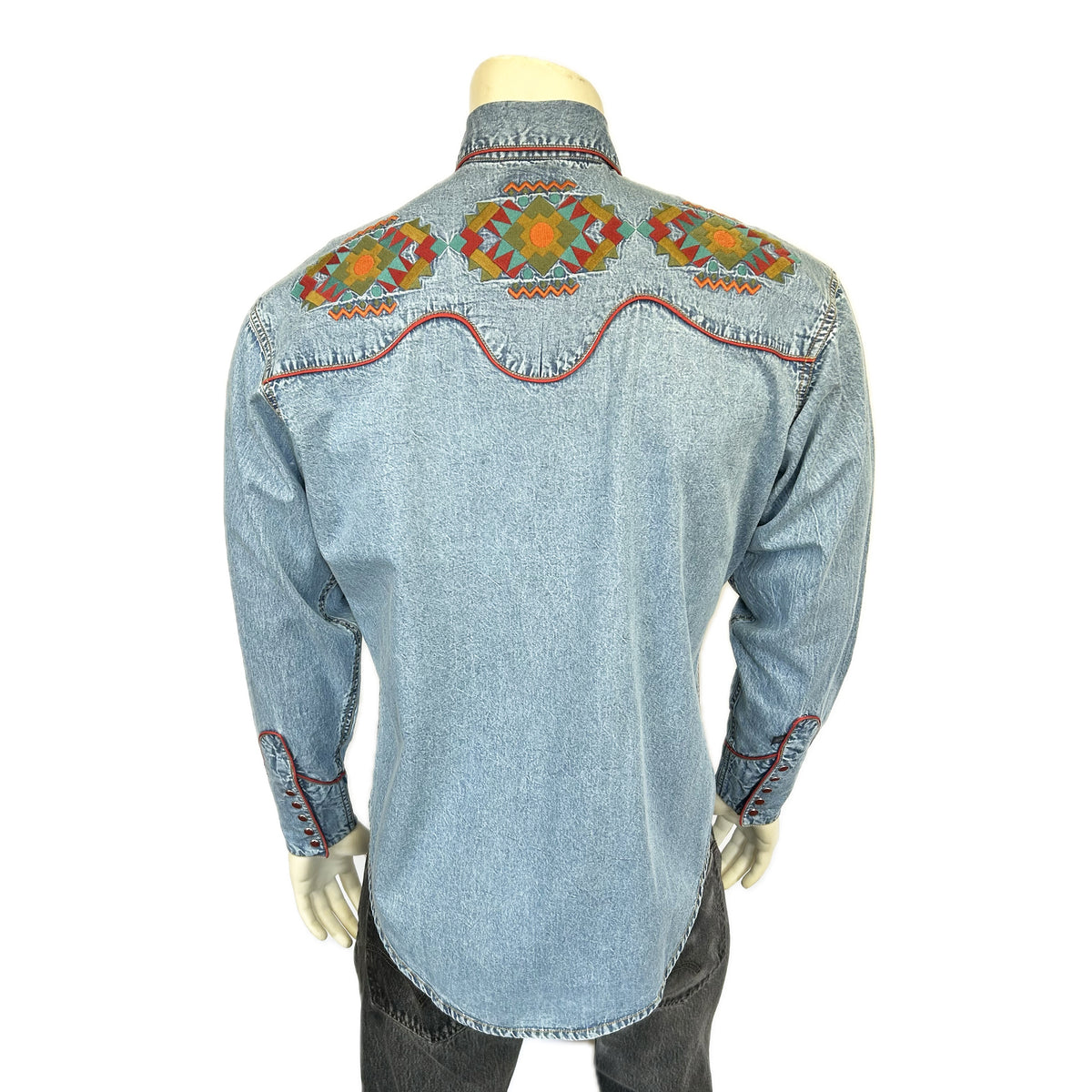 Men's Denim Native American Embroidered Western Shirt by Rockmount Ranch Wear in vintage denim with ornate embroidery