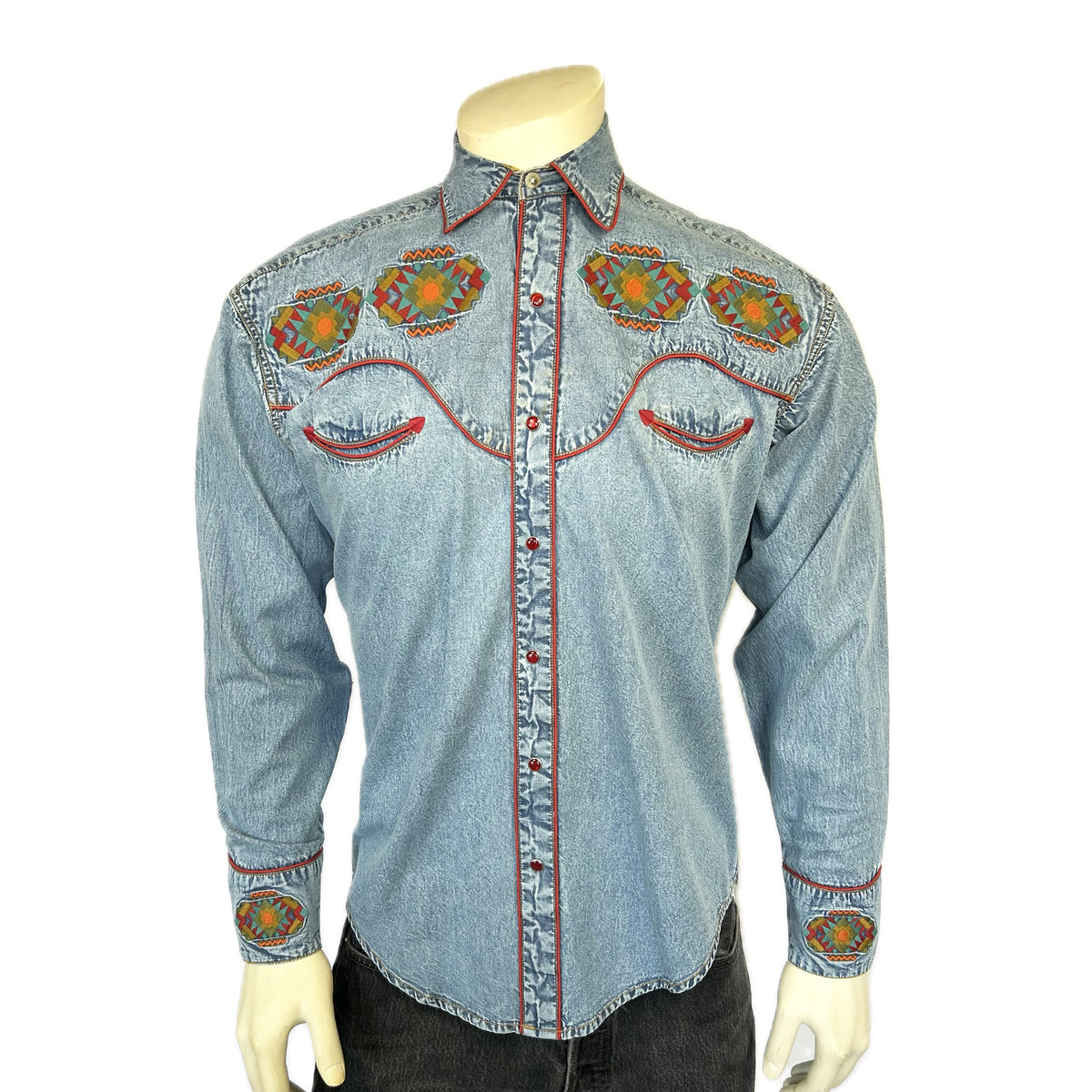 Men's Denim Native American Embroidered Western Shirt by Rockmount Ranch Wear, vintage denim with ornate embroidery