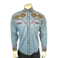 Men's Denim Native American Embroidered Western Shirt by Rockmount Ranch Wear, vintage denim with ornate embroidery
