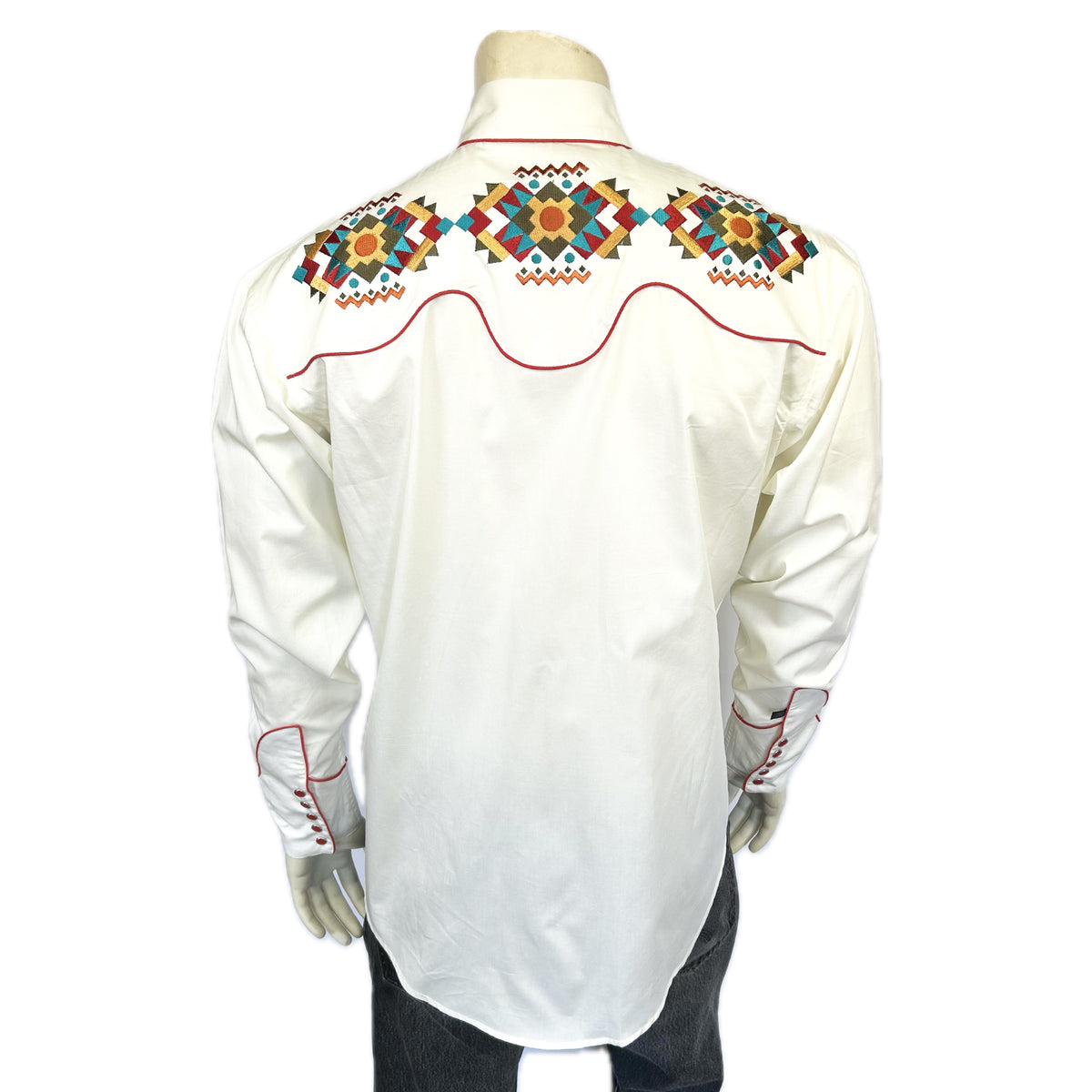 Men's Ivory Native American Embroidered Western Shirt by Rockmount Ranch Wear with embroidered floral vintage trim