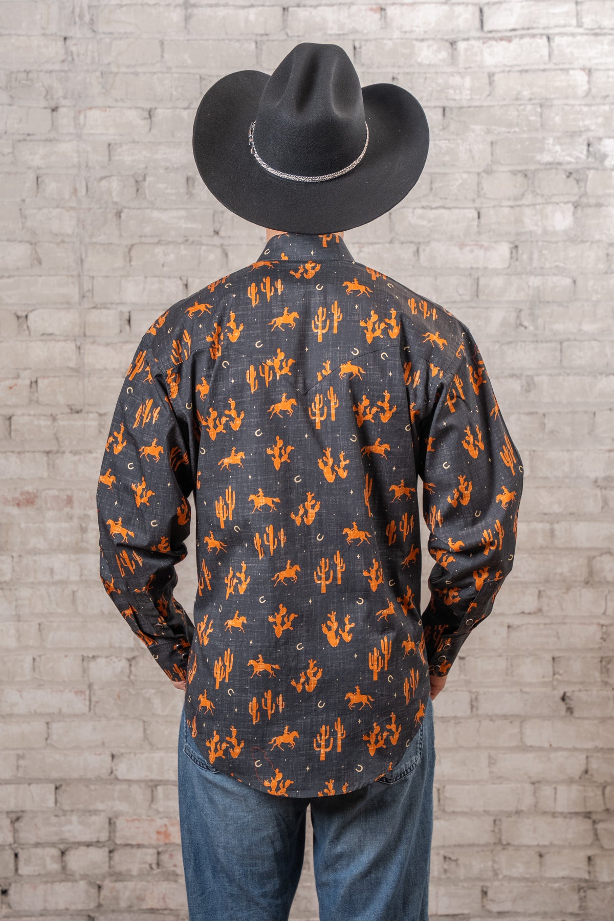 Men's Black Print Western Shirt by Rockmount Ranch Wear, vintage cowboy shirt with cactus print and snaps