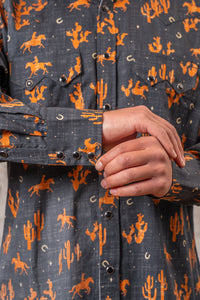 Men's Black Print Western Shirt by Rockmount Ranch Wear in vintage denim with cowboy and cactus print