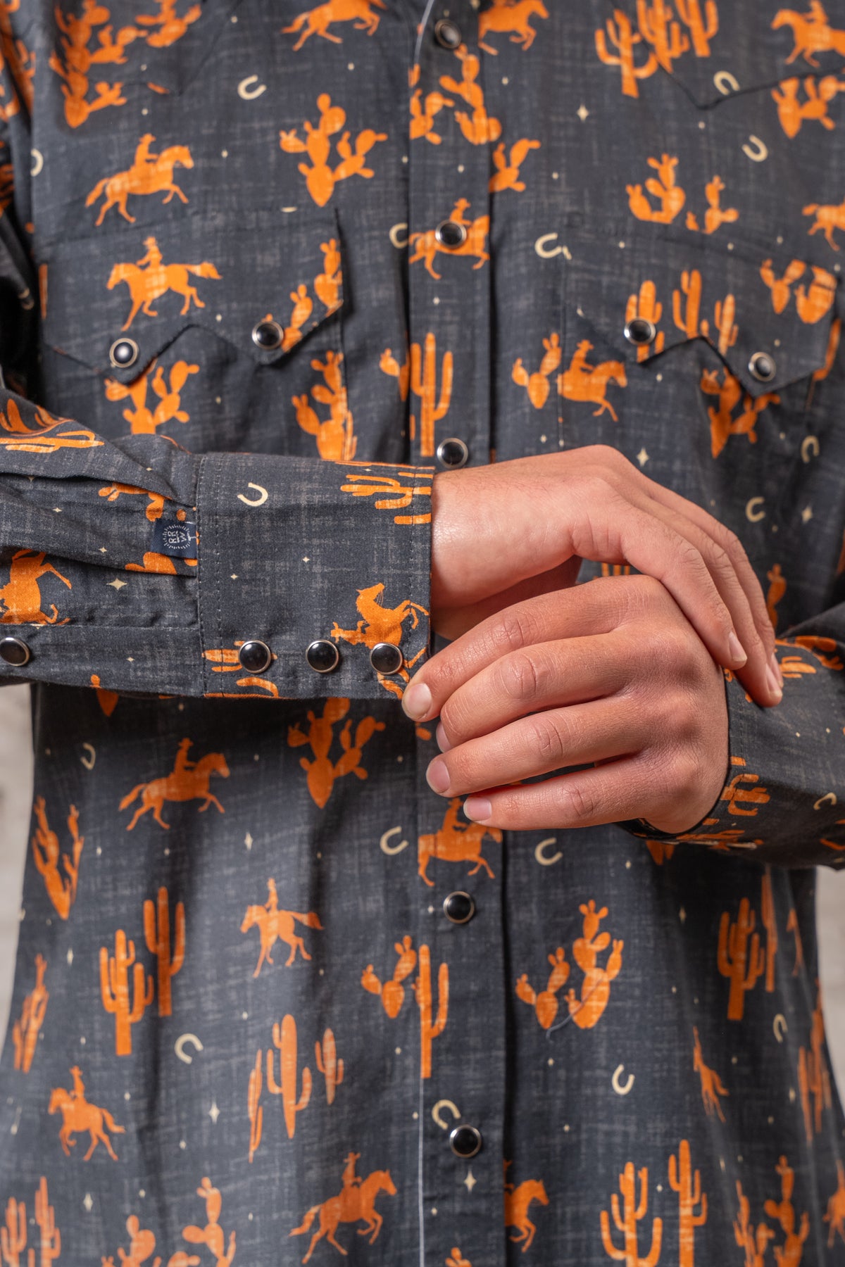 Men's Black Print Western Shirt by Rockmount Ranch Wear in vintage denim with cowboy and cactus print