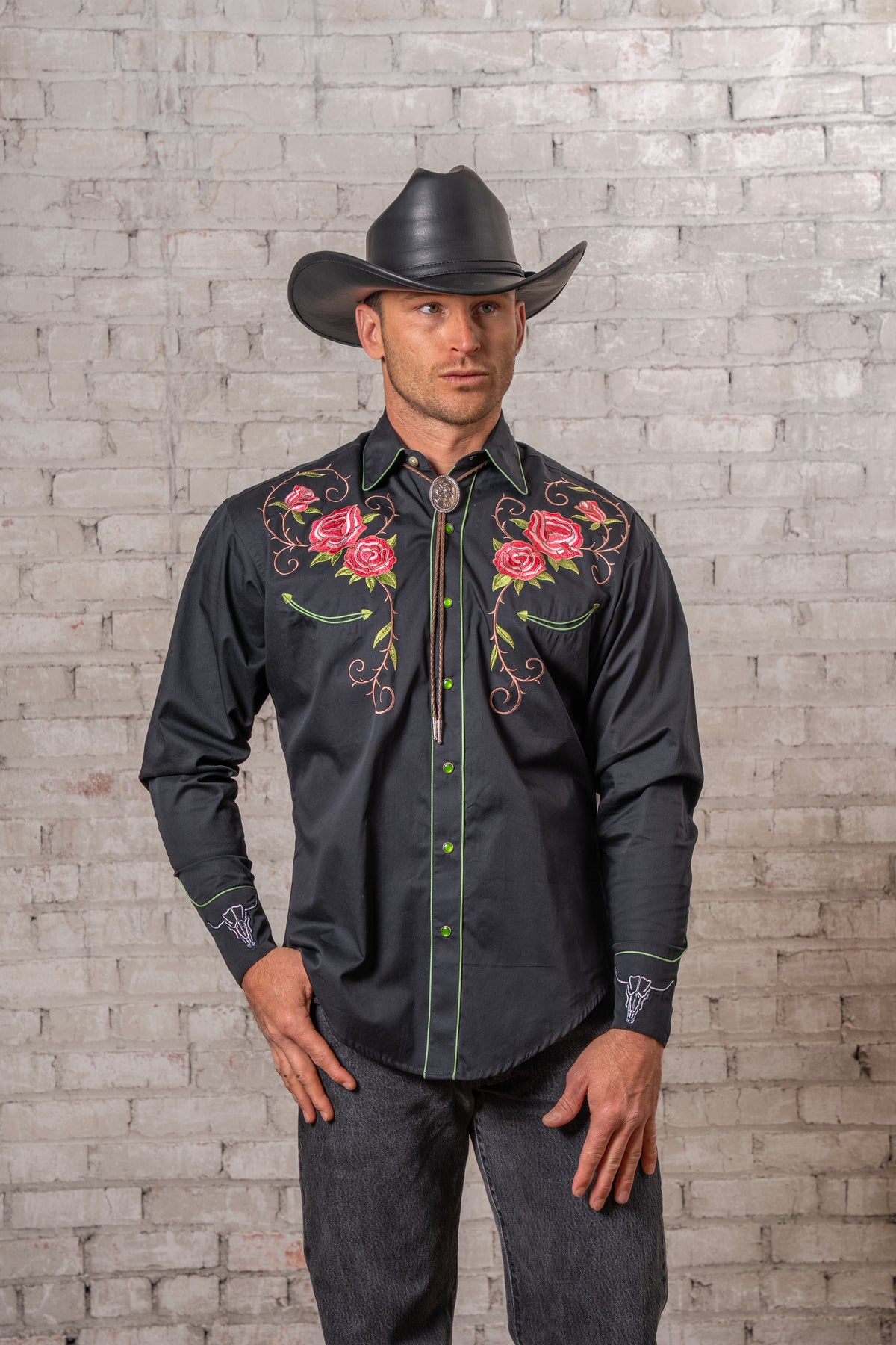 Men's Black Steer Longhorn Floral Embroidered Western Shirt by Rockmount Ranch Wear, vintage fringe floral