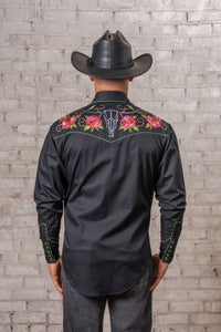 Men's Black Steer Longhorn and Floral Embroidered Western Shirt by Rockmount Ranch Wear, floral western shirt