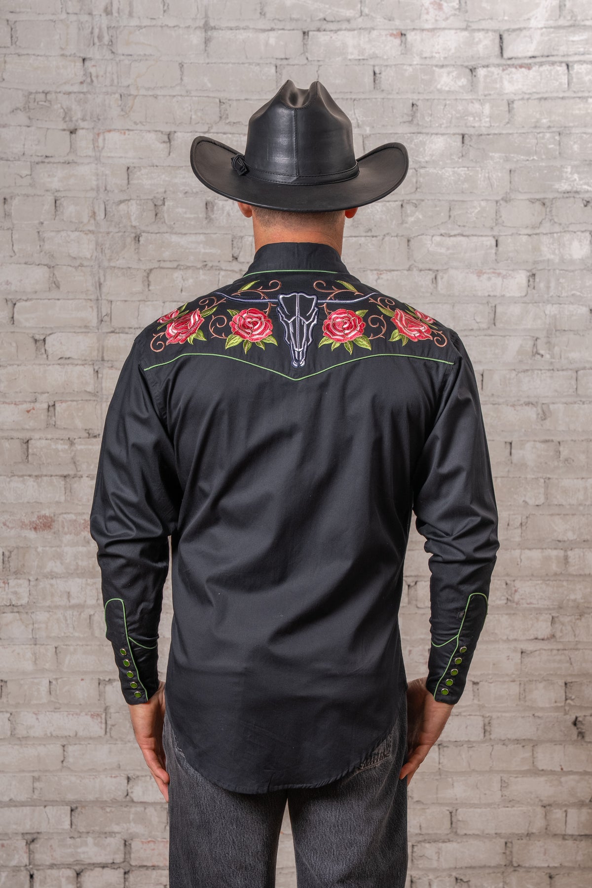 Men's Black Steer Longhorn and Floral Embroidered Western Shirt by Rockmount Ranch Wear, floral western shirt