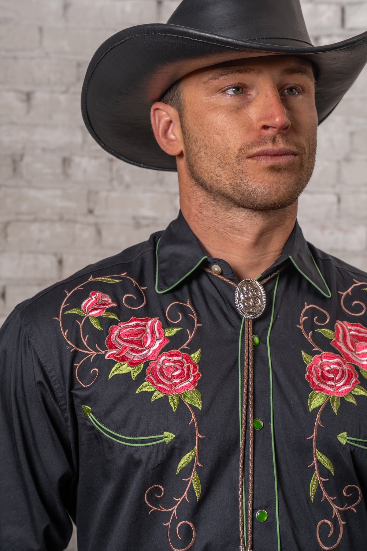 Men's Black Steer Longhorn Floral Embroidered Western Shirt by Rockmount Ranch Wear with floral embroidered front