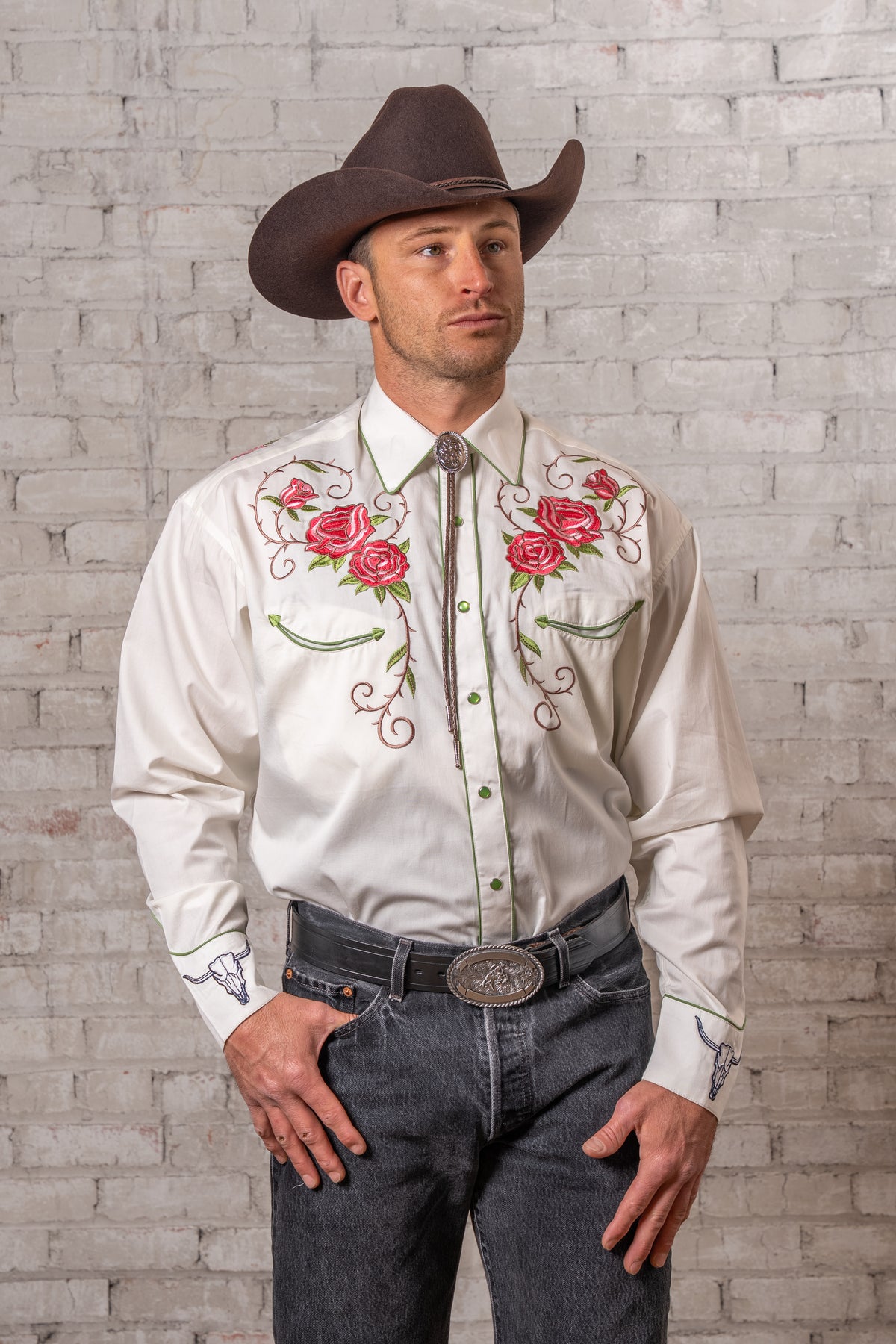 Men's Longhorn and Floral Embroidered Western Shirt in ivory by Rockmount Ranch Wear with floral embroidered front