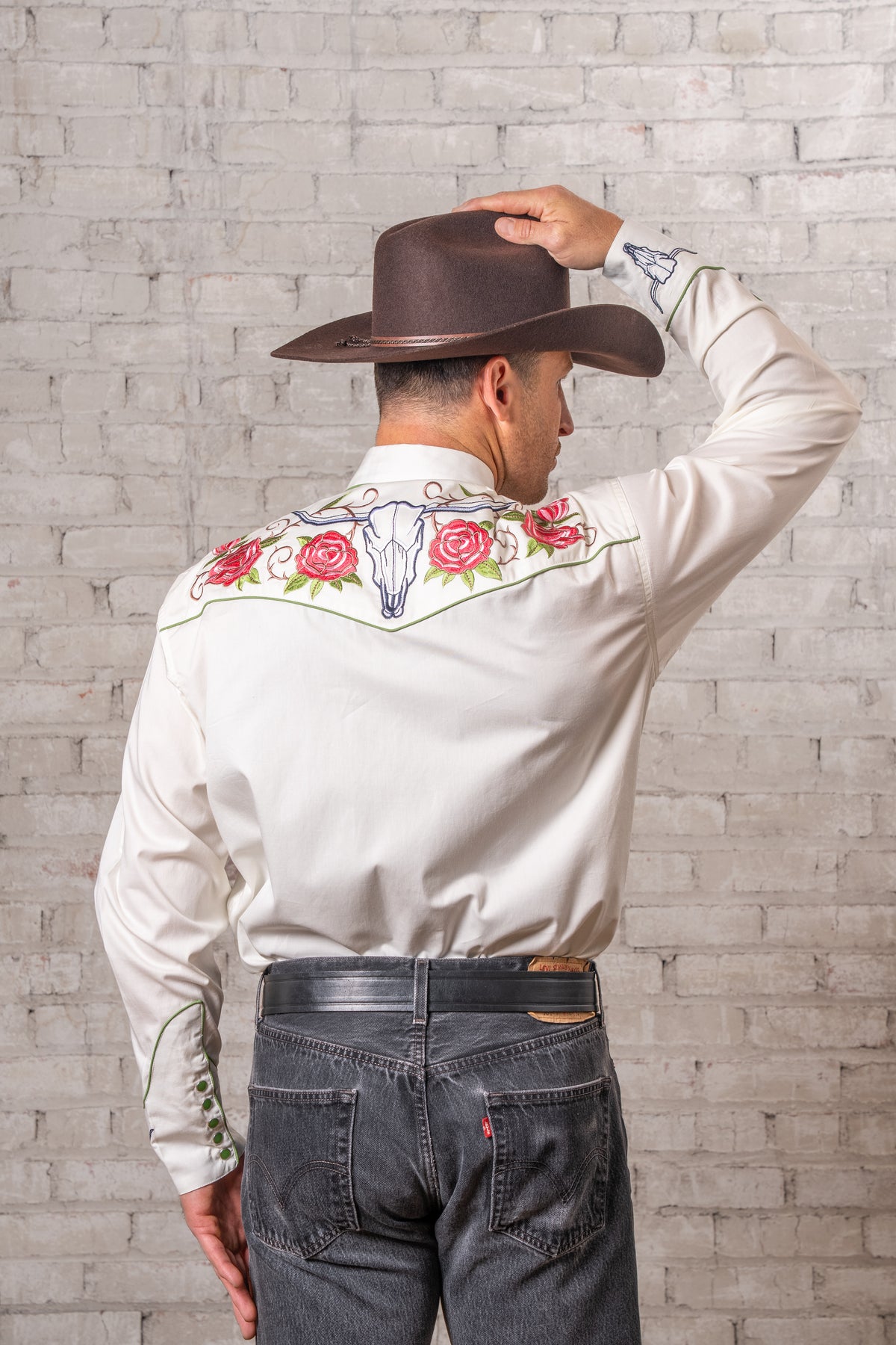 Men's Longhorn and Floral Embroidered Western Shirt in ivory by Rockmount Ranch Wear with floral embroidery
