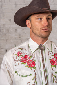 Men's Longhorn and Floral Embroidered Western Shirt in Ivory by Rockmount Ranch Wear with floral embroidery
