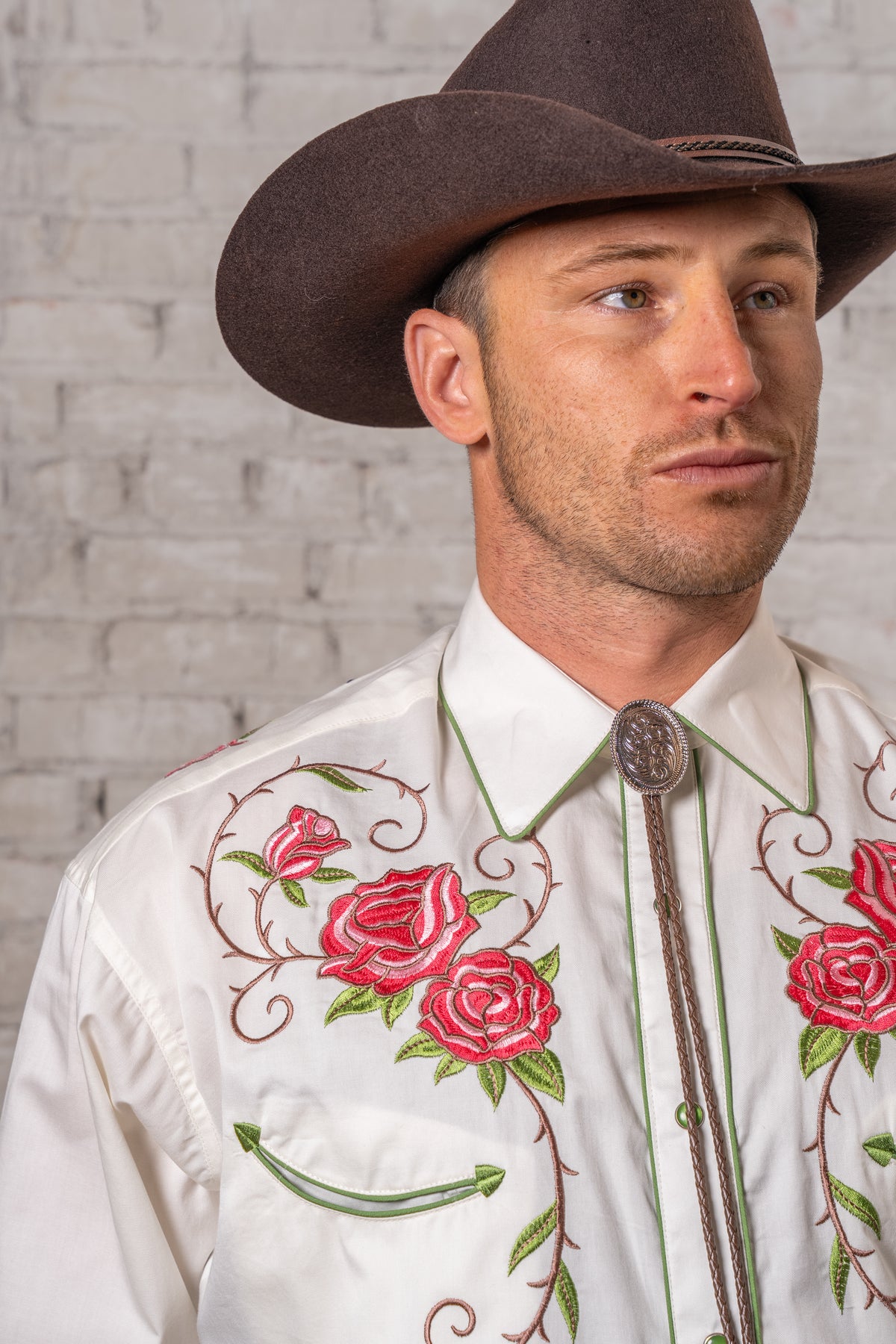 Men's Longhorn and Floral Embroidered Western Shirt in Ivory by Rockmount Ranch Wear with floral embroidery