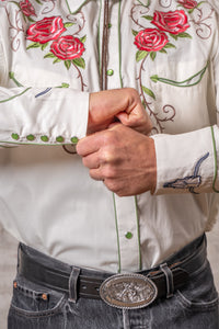 Men's Longhorn and Floral Embroidered Western Shirt in Ivory by Rockmount Ranch Wear with floral embroidery