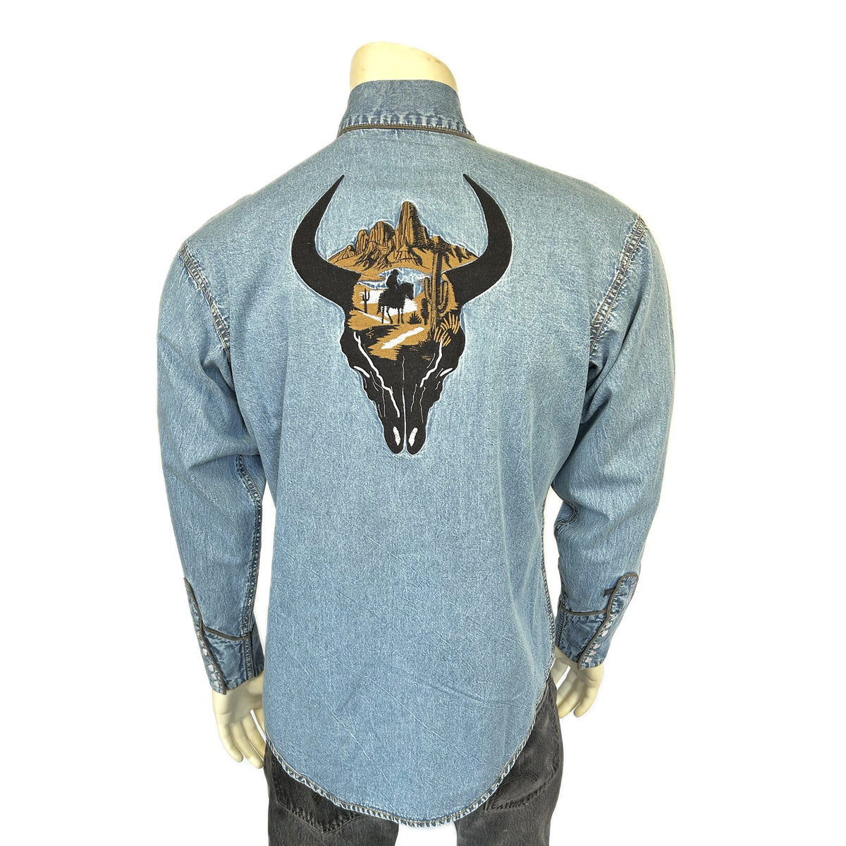 Men's Denim Bison Skull Rider Embroidered Western Shirt by Rockmount Ranch Wear in vintage denim with embroidered western shirt