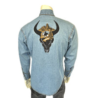 Men's Denim Bison Skull Rider Embroidered Western Shirt by Rockmount Ranch Wear in vintage denim with embroidered western shirt