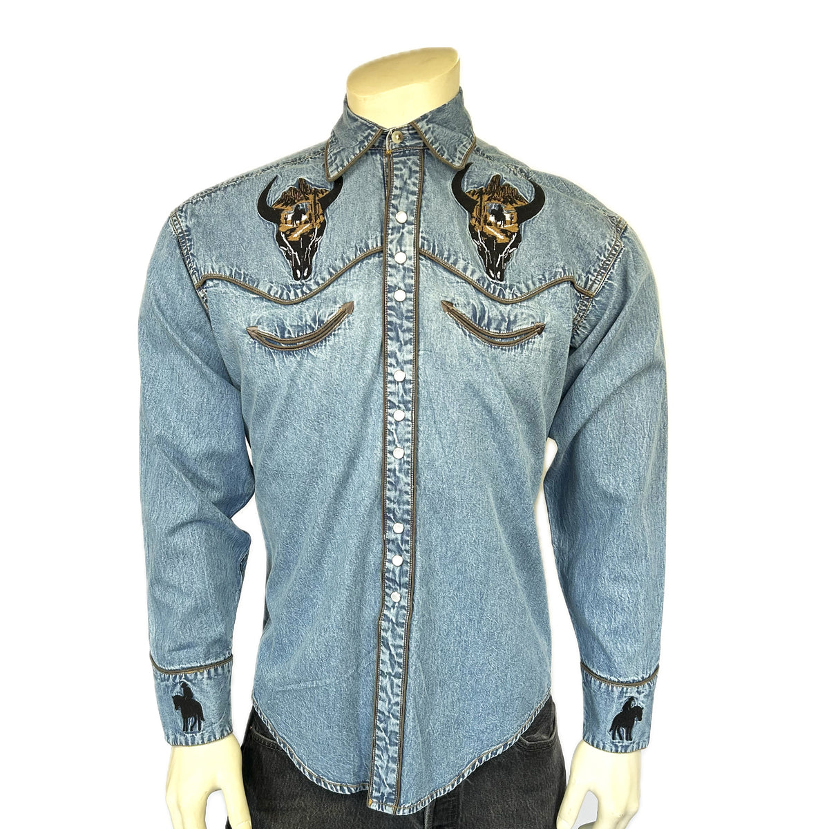 Men's Denim Bison Skull and Rider Embroidered Western Shirt by Rockmount Ranch Wear in vintage denim with fringe