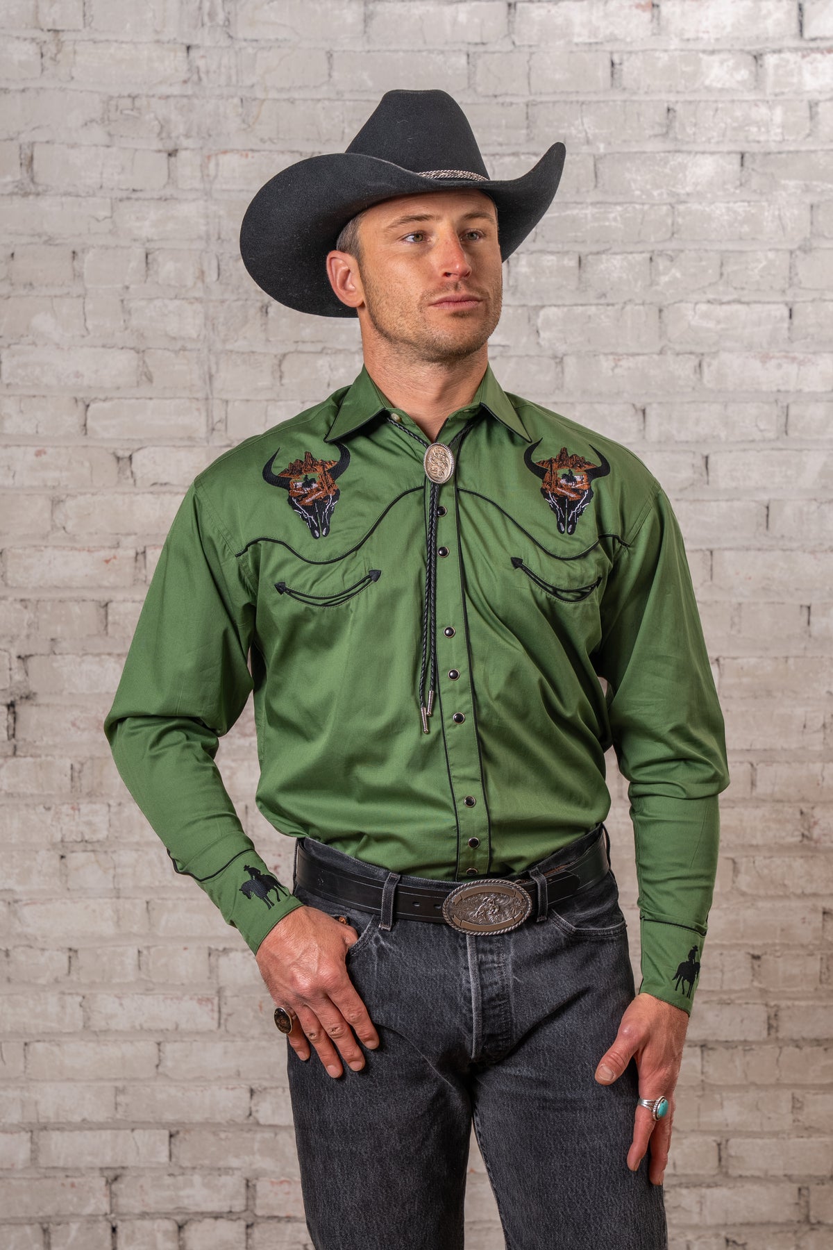 Men's Green Bison Skull Rider Embroidered Western Shirt by Rockmount Ranch Wear with embroidered smile pockets