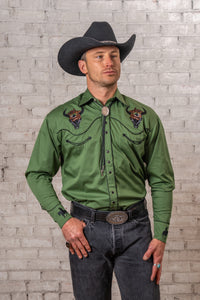 Men's Green Bison Skull Rider Embroidered Western Shirt by Rockmount Ranch Wear with embroidered smile pockets