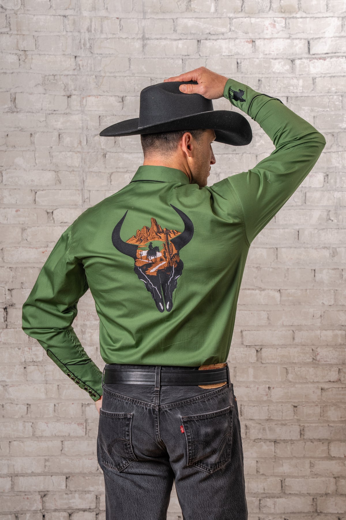 Men's Green Bison Skull Rider Embroidered Western Shirt by Rockmount Ranch Wear with embroidered smile pockets