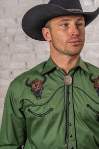 Men's Green Bison Skull and Rider Embroidered Western Shirt by Rockmount Ranch Wear with embroidered western shirt