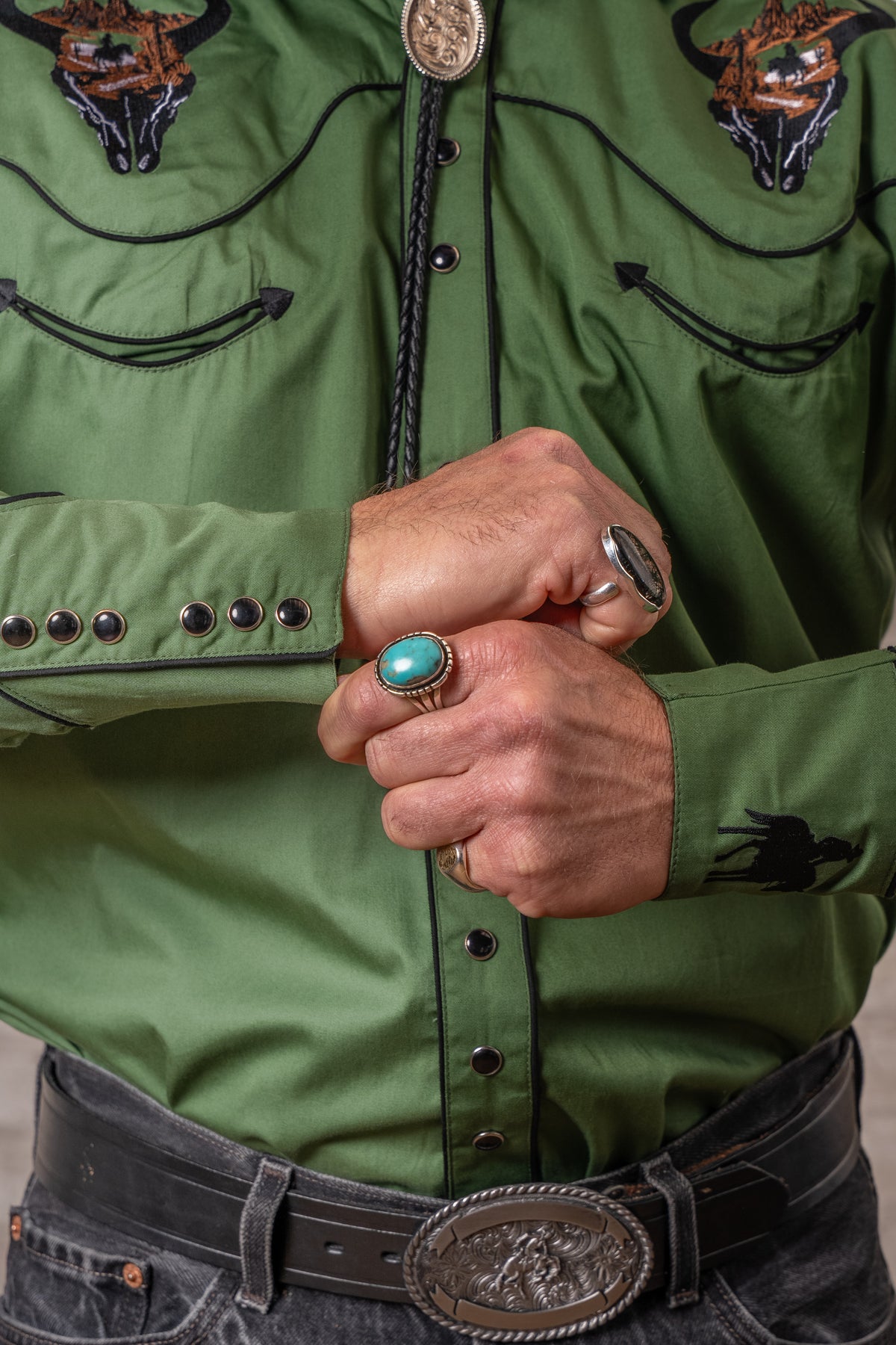Men's Green Bison Skull and Rider Embroidered Western Shirt by Rockmount Ranch Wear with embroidered smile pockets