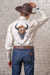 Men's Ivory Bison Skull and Rider Embroidered Western Shirt by Rockmount Ranch Wear with western shirt details