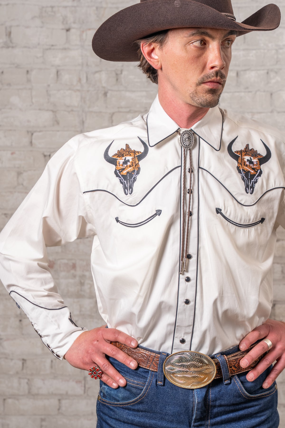 Men's Ivory Bison Skull and Rider Embroidered Western Shirt by Rockmount Ranch Wear with western shirt snaps