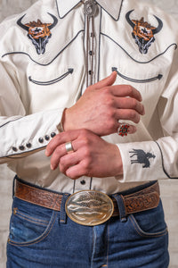 Men's Ivory Bison Skull and Rider Embroidered Western Shirt by Rockmount Ranch Wear with embroidered western shirt
