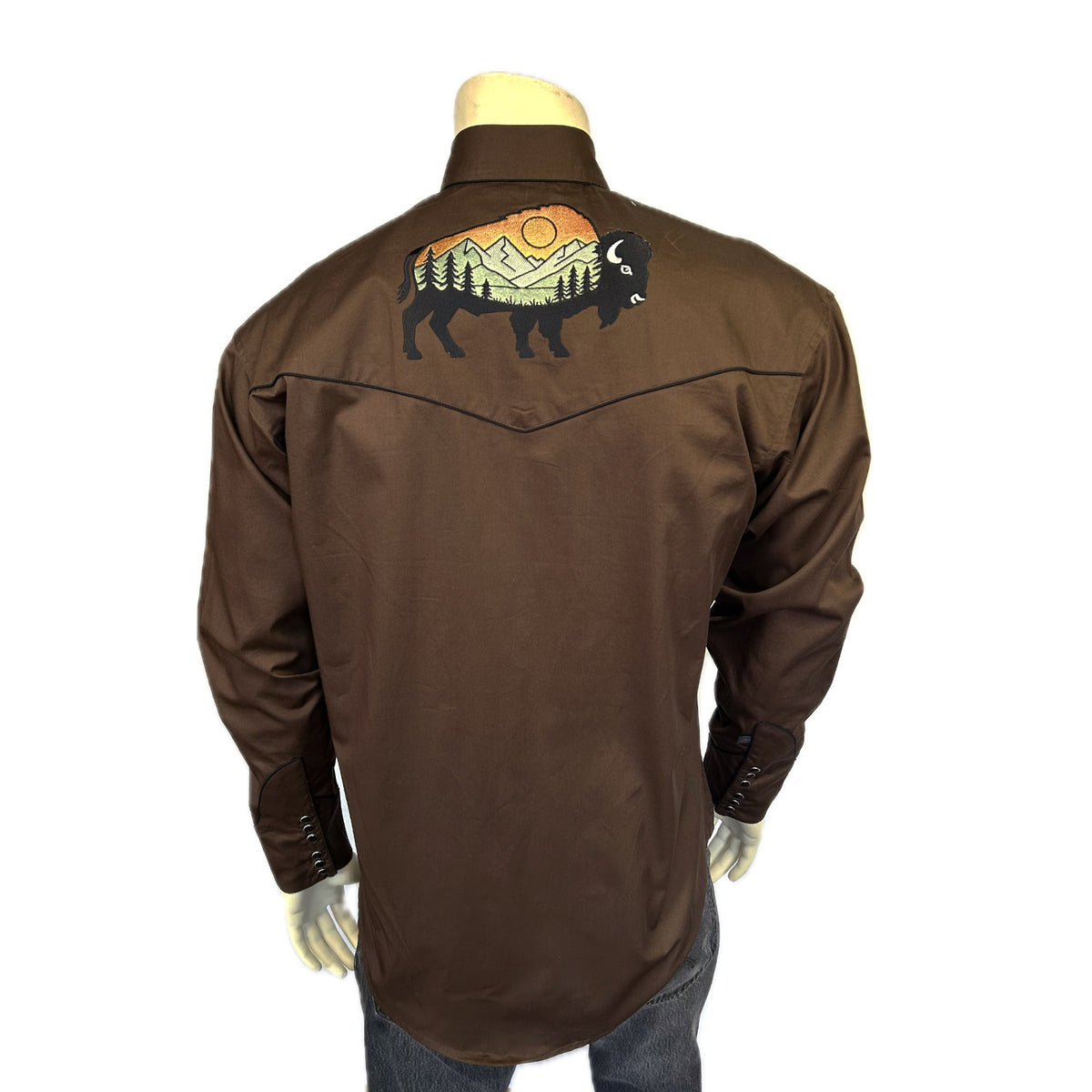 Men's Brown Bison Mountain Embroidered Shirt by Rockmount Ranch Wear, vintage western shirt with embroidered bison
