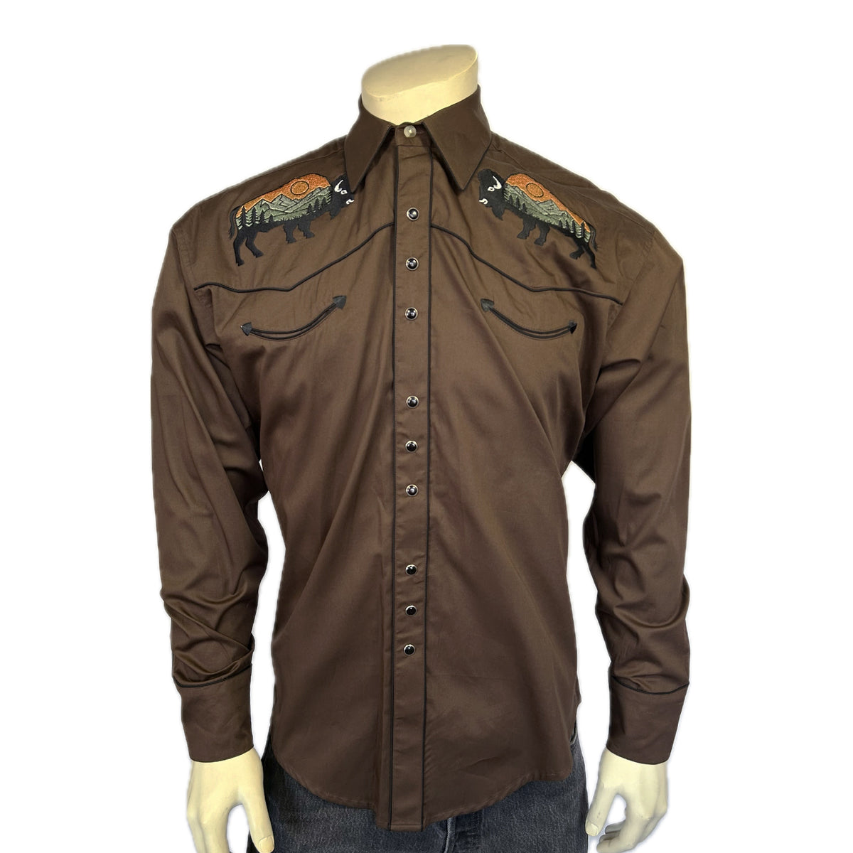 Men's Brown Bison and Mountain Embroidered Shirt by Rockmount Ranch Wear, vintage western shirt with embroidered western details