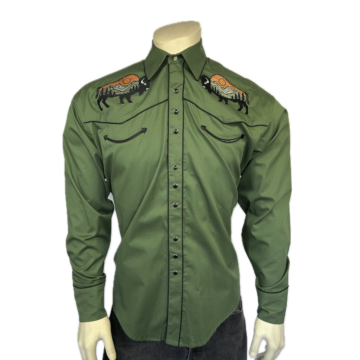 Men's Green Bison and Mountain Embroidered Western Shirt by Rockmount Ranch Wear with vintage fringe