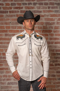 Men's Ivory Bison Mountain Embroidered Western Shirt by Rockmount Ranch Wear, vintage western shirt with rich ornate embroidery