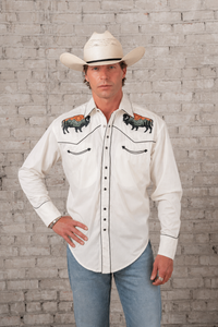 Men's Ivory Bison Mountain Embroidered Western Shirt by Rockmount Ranch Wear, vintage western shirt with rich embroidery