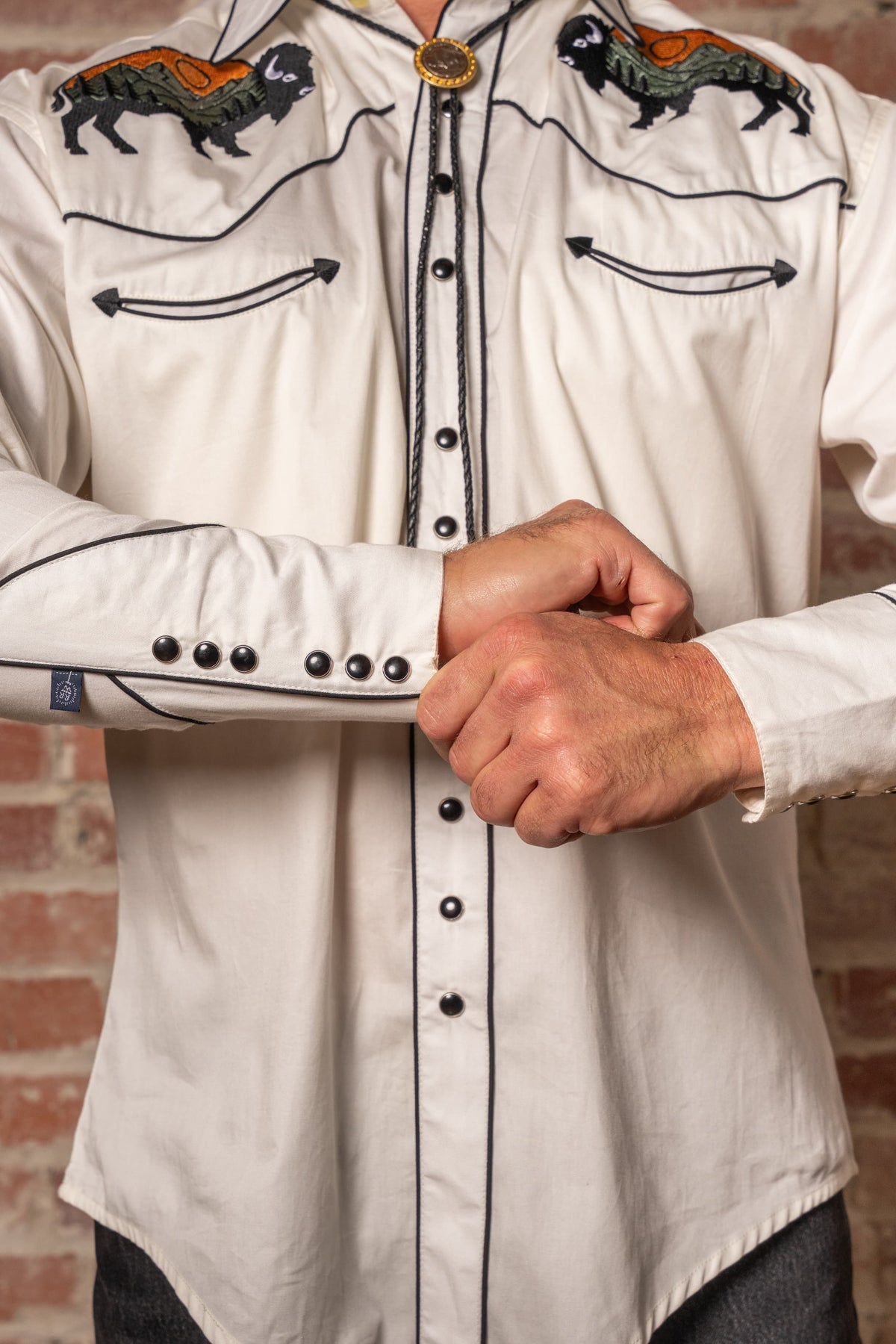 Men's Ivory Bison and Mountain Embroidered Western Shirt by Rockmount Ranch Wear with rich ornate embroidery