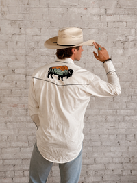 Men's Ivory Bison and Mountain Embroidered Western Shirt by Rockmount Ranch Wear with rich ornate embroidery